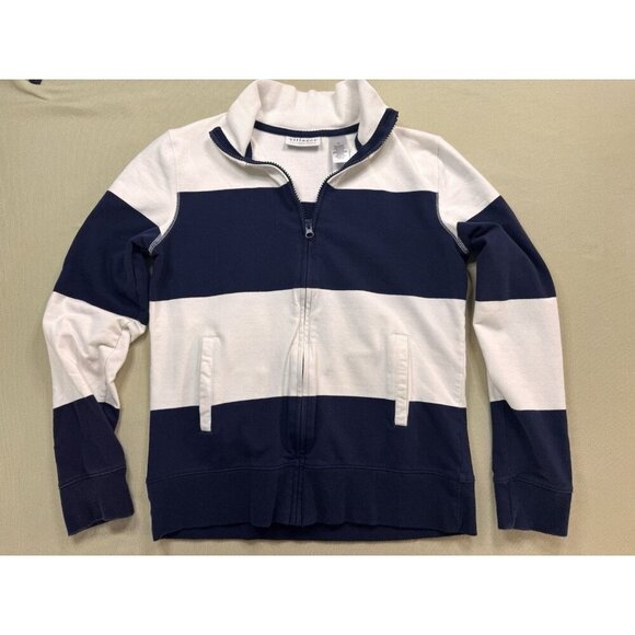 Villager Liz Claiborne Nautical Jacket Long Sleeve Navy White Stripe Zip Medium - Picture 1 of 11